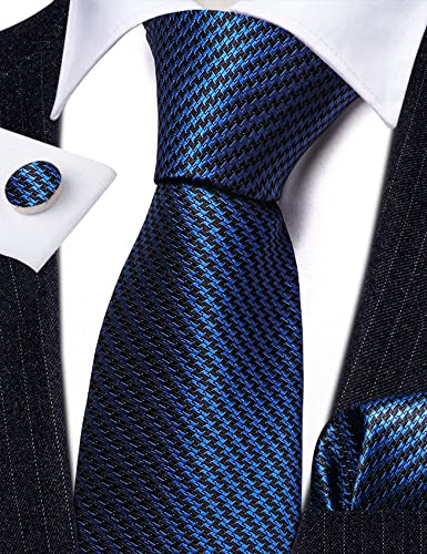 Image of Barry.Wang Plaid Ties for Men Silk Necktie Handkerchief Cuff Links Set
