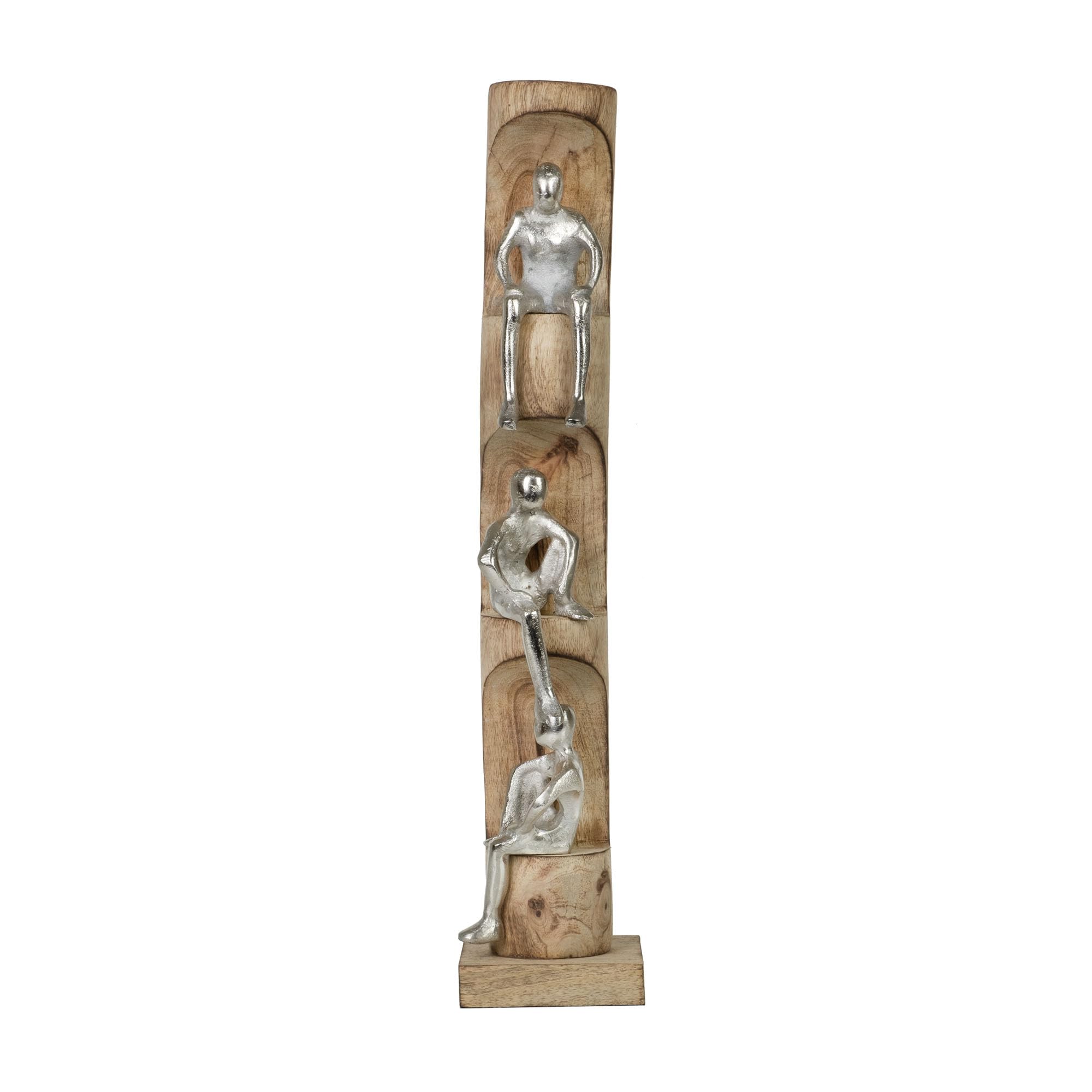 Figurka dekoracyjna Perspective srebrna 50 cm z drewna mango i aluminium nowoczesna rzeźba z trzema siedzącymi figurkami, symbol refleksji, spokoju, rękodzieła, dekoracja, obiekt artystyczny, pomysł
