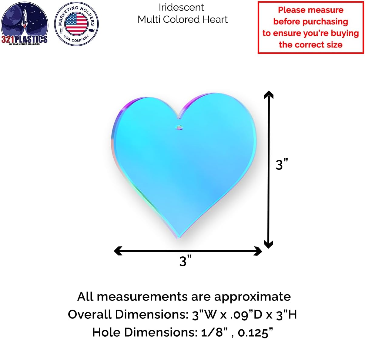 50 Pack Heart Shaped Acrylic Tile Iridescent 3" Sheet with Hole for DIY Arts and Crafts Party Decor Ornaments 0.118" Thick by Marketing Holders