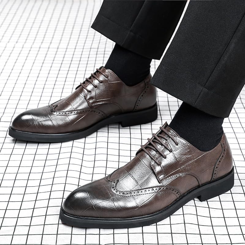 Formal Shoes for Men Lace Up Pointed Burnished Toe Wingtips Vegan Leather Derby Shoes Block Heel Low Top Rubber Sole Non Slip Party2