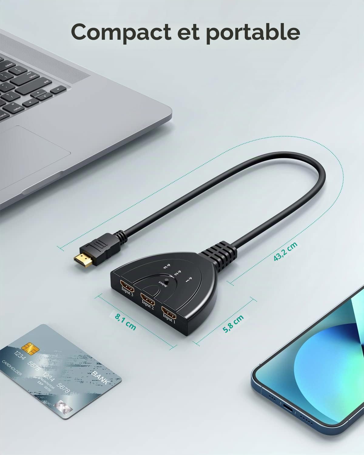GANA HDMI Switch 3 en 1, 3 Ports Commutateur HDMI Sélecteur Splitter Manuel, Full HD 4K 3D