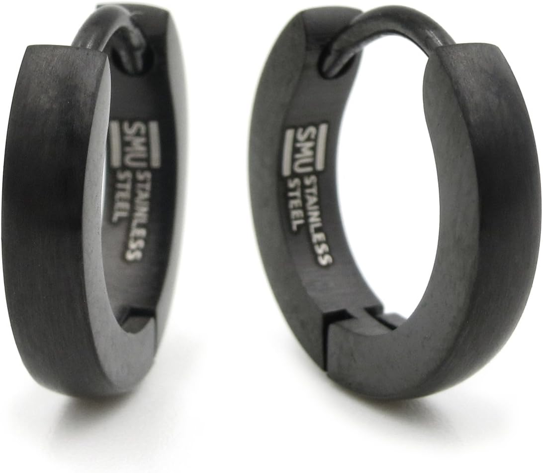 Pair Stainless Steel Black Brush Hoop Earrings 2mm