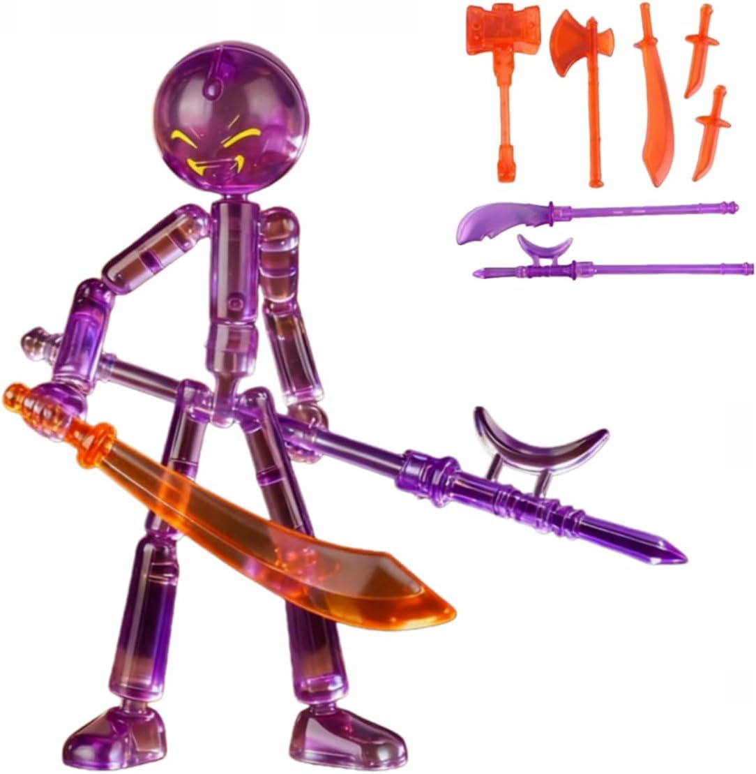 Collectable Action Figures Set With 7 Weapons, Stop Motion Figures, Multi-Jointed Movable Robot, Full Body Mechanical Doll Birthday Gifts for Kids, Requires Self-Assembly (Transparent purple)