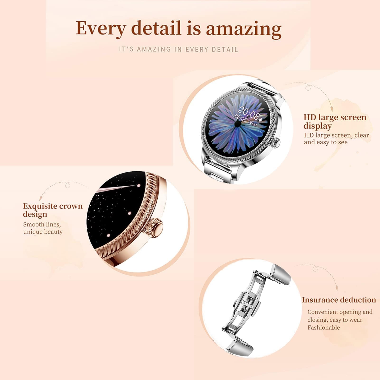 Inteligentny zegarek fitness bransoletka ze stali nierdzewnej, wodoodporny monitor tętna, krokomierz, damski zegarek sportowy, biżuteria Rhinestone, Różowy, bransoletka