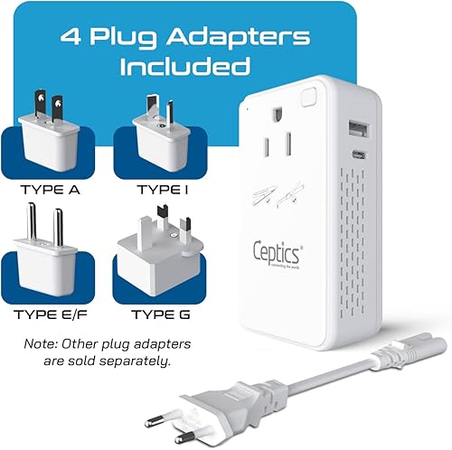 Miniatura 2 de Ceptics Convertidor de voltaje reductor de 200 W  Convertidor de voltaje de 220 V a 110 V para rizador, alisador, cargador  Carga rápida USB-A y C