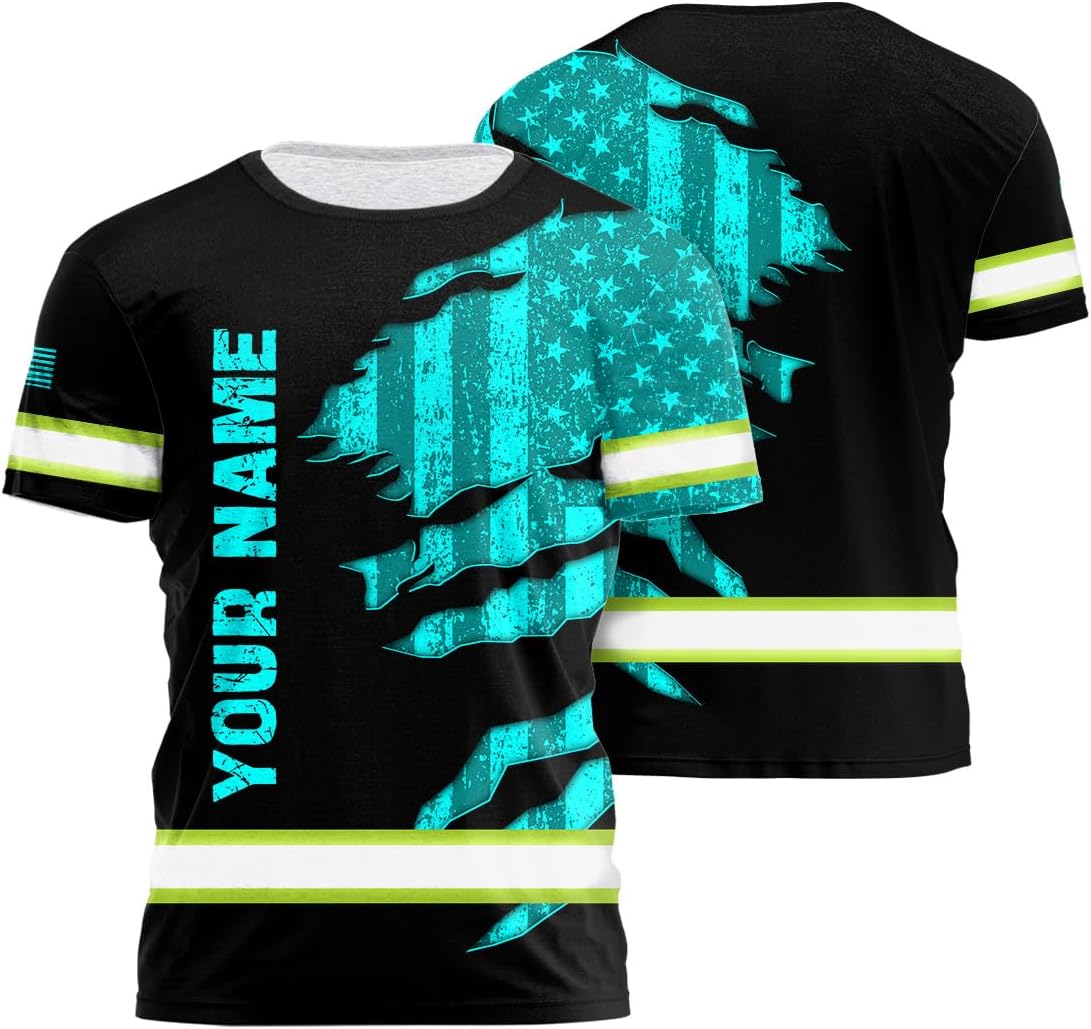 US Flag with Neon Color High Visibility Shirt for Men Women Custom Name Reflective Safety Shirts for Workers