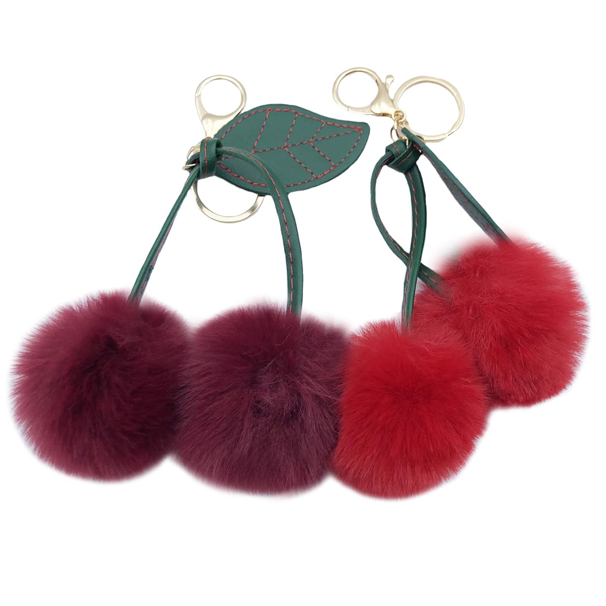Xsclpomddy 2 Stück Rotwein.Kirsch Bag Charms Pompons Kirsch-Schlüsselanhänger Künstliche Kaninchenhaar Pom Pom Schlüsselanhänger Koffer Zubehör Charm Auto Schlüsselring
