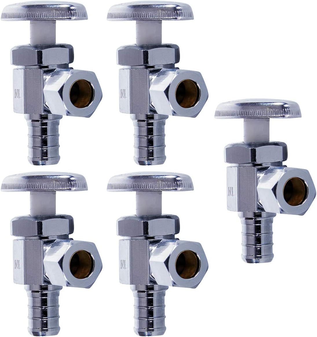 Midline Valve 71512QS-OM-5 Water Supply Stop Valve with Multi-Turn Wheel; Angle Shut-off for Toilet, Sink, Dishwasher, Heater; 1/2'' PEX x 3/8'' Compression; Chrome Plated Brass (5 PK)