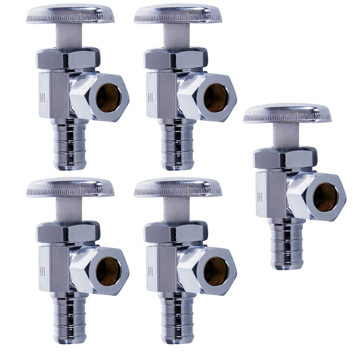 Midline Valve 71512QS-OM-5 Water Supply Stop Valve with Multi-Turn Wheel; Angle Shut-off for Toilet, Sink, Dishwasher, Heater; 1/2'' PEX x 3/8'' Compression; Chrome Plated Brass (5 PK)