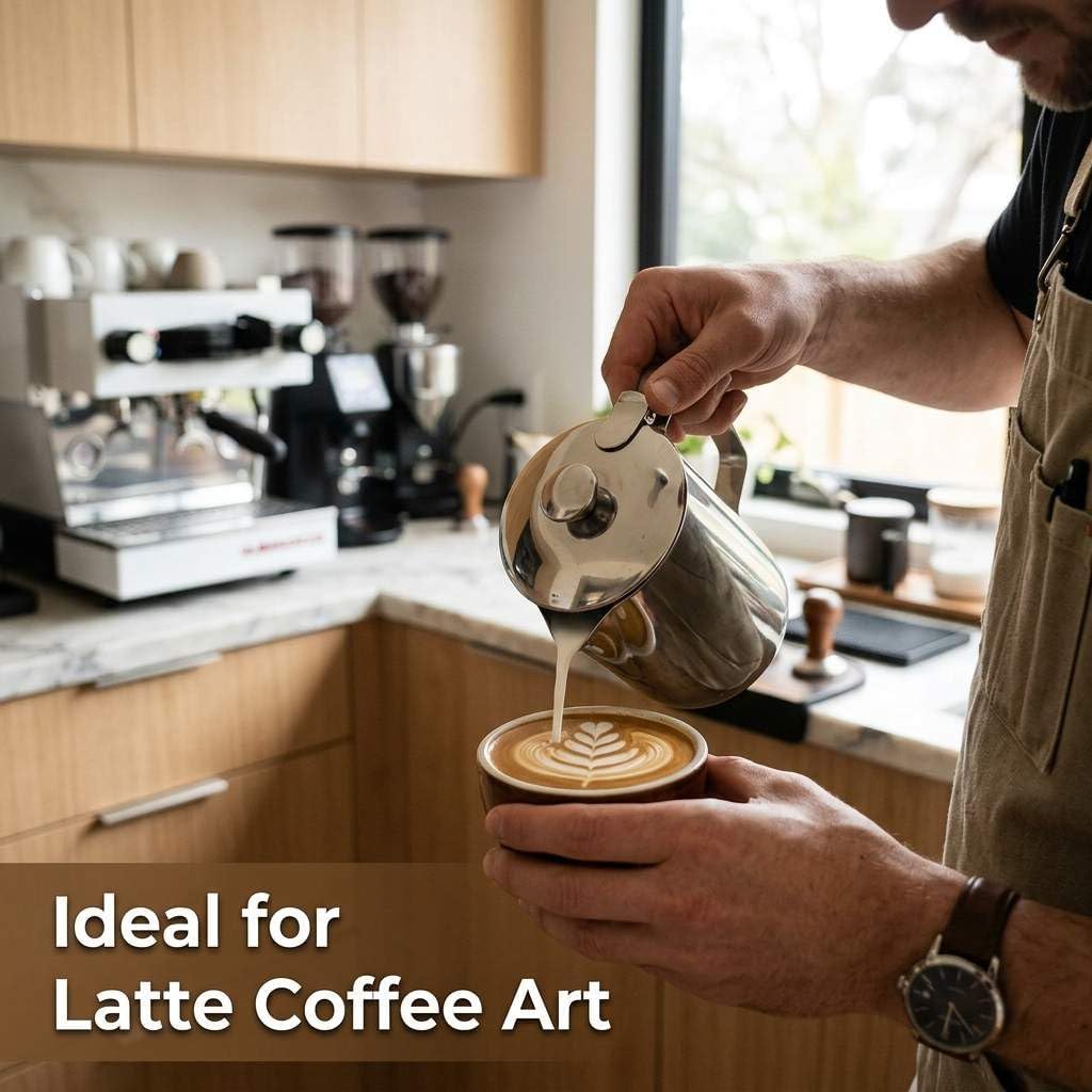 QWORK 600 mL 304 Stainless Steel Coffee Cup, Milk Frothing Pitcher with Lid, Latte Art Steaming Jug with Precision Pour Spout and Ergonomic Handle for Espresso Cappuccino Coffee