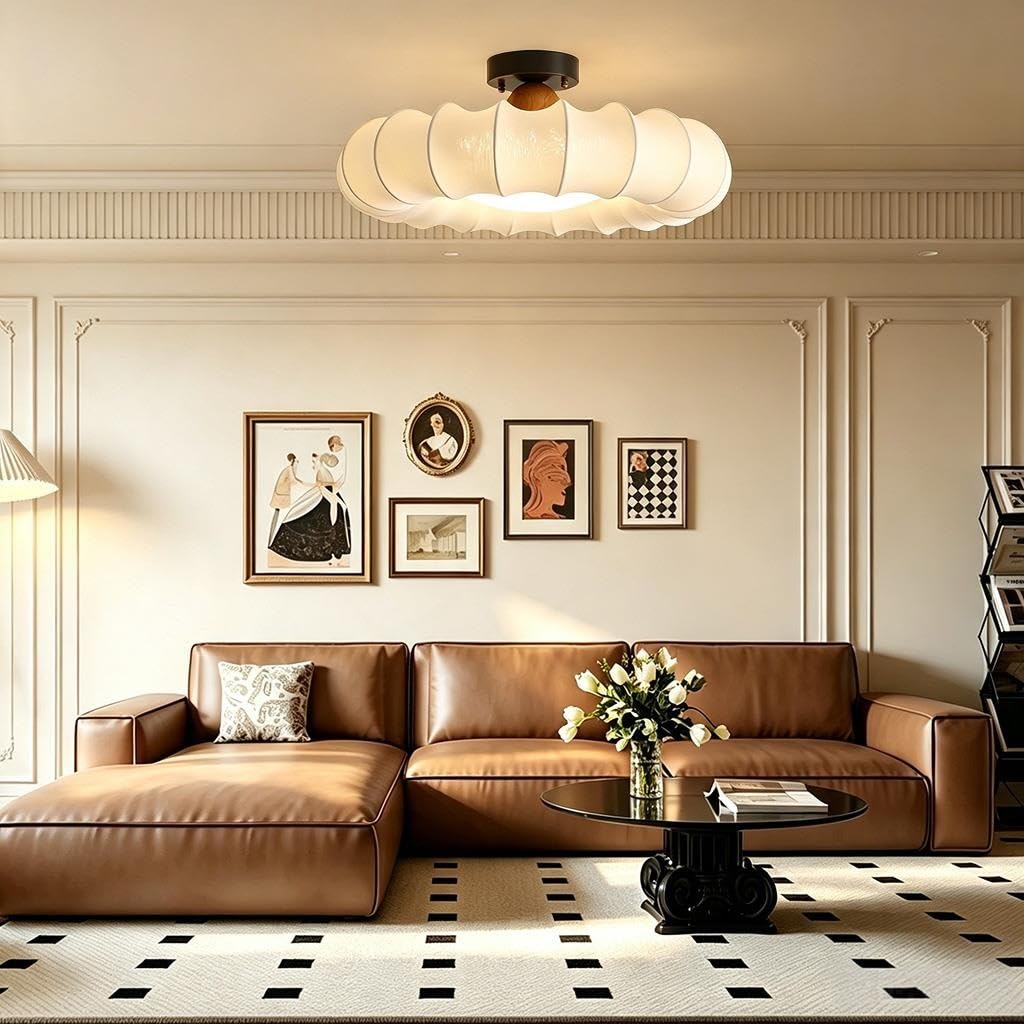 Lampa sufitowa LED w stylu francuskim vintage Ściemnialna lampa sufitowa z kloszem z tkaniny Z pilotem zdalnego sterowania Wykonana z miedzi Odpowiednia do salonu i sypialni
