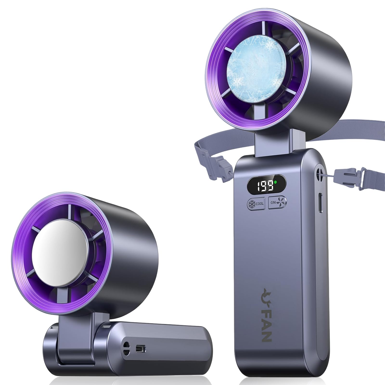 Mini Ventilador de Mano Portatil,Función de refrigeración,5000 mAh,Flujo de Aire Potente de 10 m/s(1-199 velocidad),Ventilador de Cuello Pequeño Plegable USB para Camping,Viajes,Hogar,Oficina