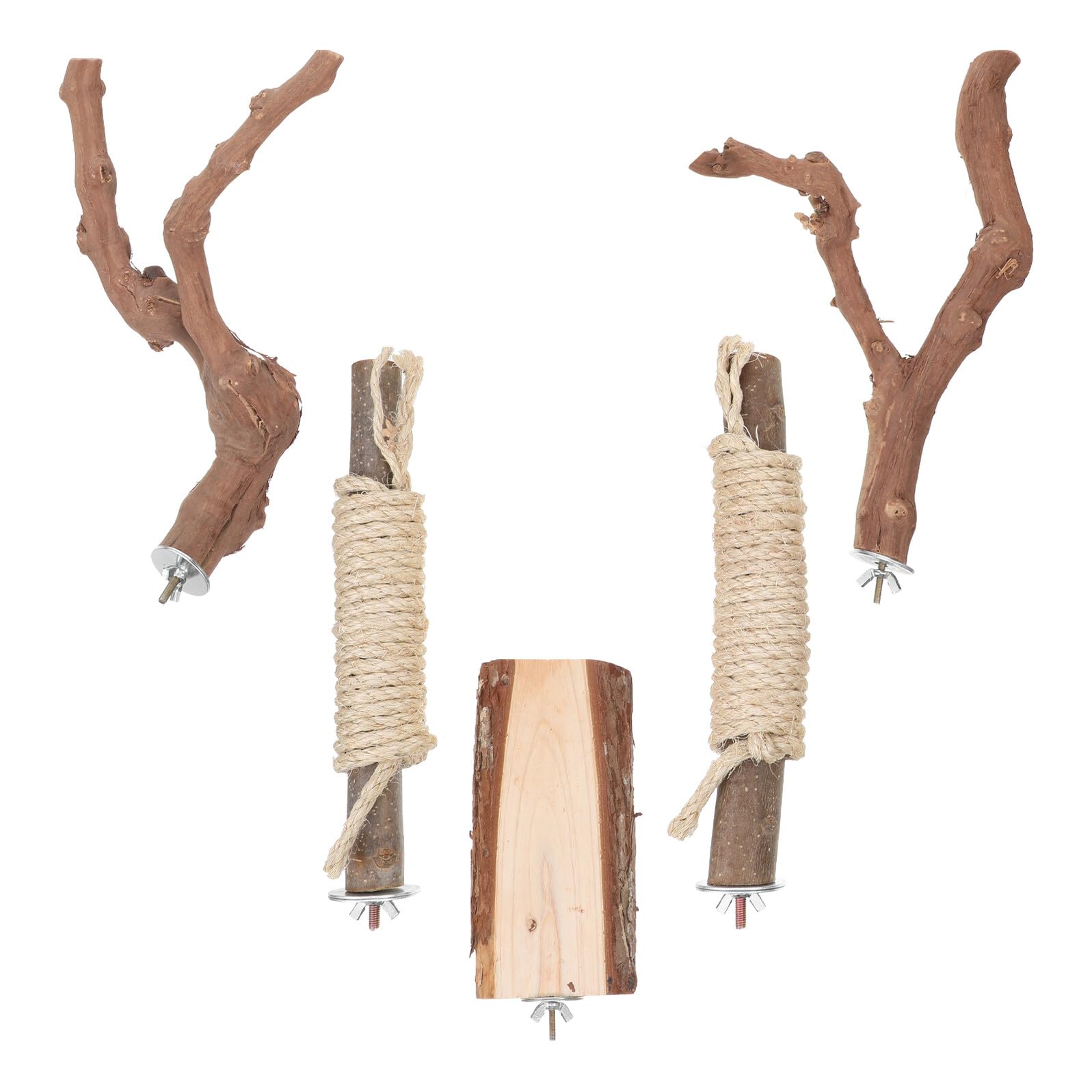Set Trespoli in Legno Naturale per Grandi Pappagalli da 5 Pezzi con Corda Integrata, Supporto Stabile e Rametti per Gabbia, per Gioco, Arrampicata e Salute degli Artigli