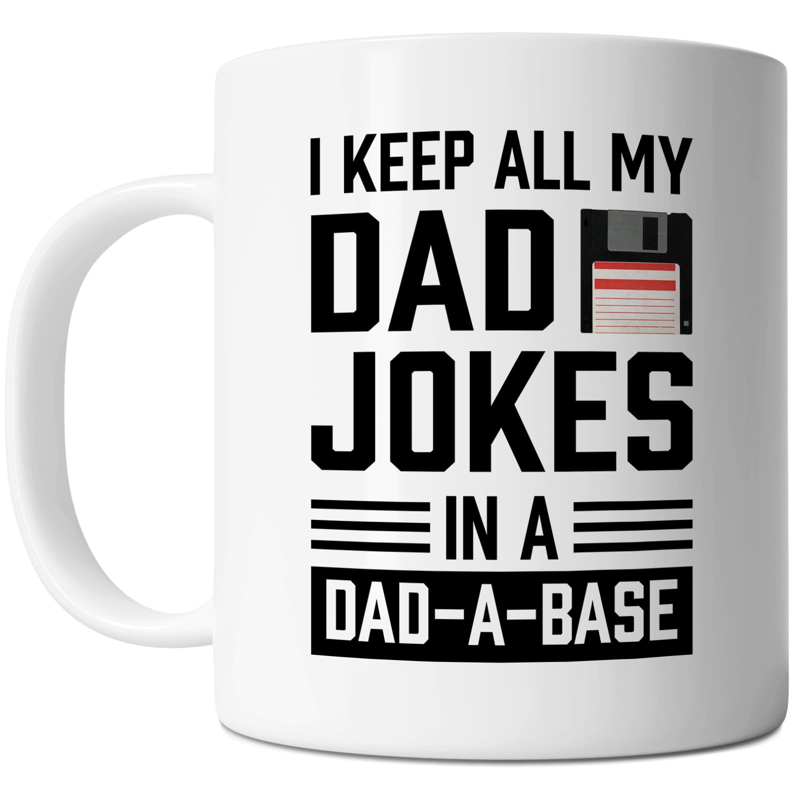FLEXISAVVY Dad Jokes In A Dad-a-base Mug - Dad Mug - Funny Father Daddy Gift Idea for Mens White 11oz Ceramic Coffee Mug