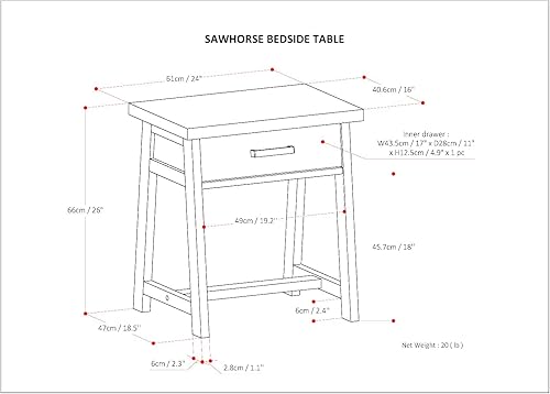 Miniatura 3 de SIMPLIHOME Sawhorse - Mesita de noche de 24 pulgadas de ancho, mesita de noche, madera maciza gris envejecida, rectangular, con almacenamiento, 1