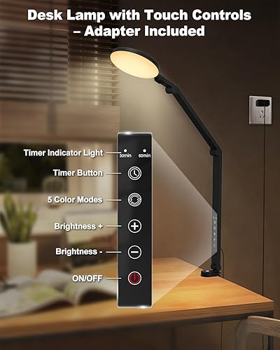 Miniatura 3 de Lámpara de escritorio LED de 10 W con abrazadera y brazo ajustable para oficina en casa, control táctil, luz de cuidado ocular para lectura con 5