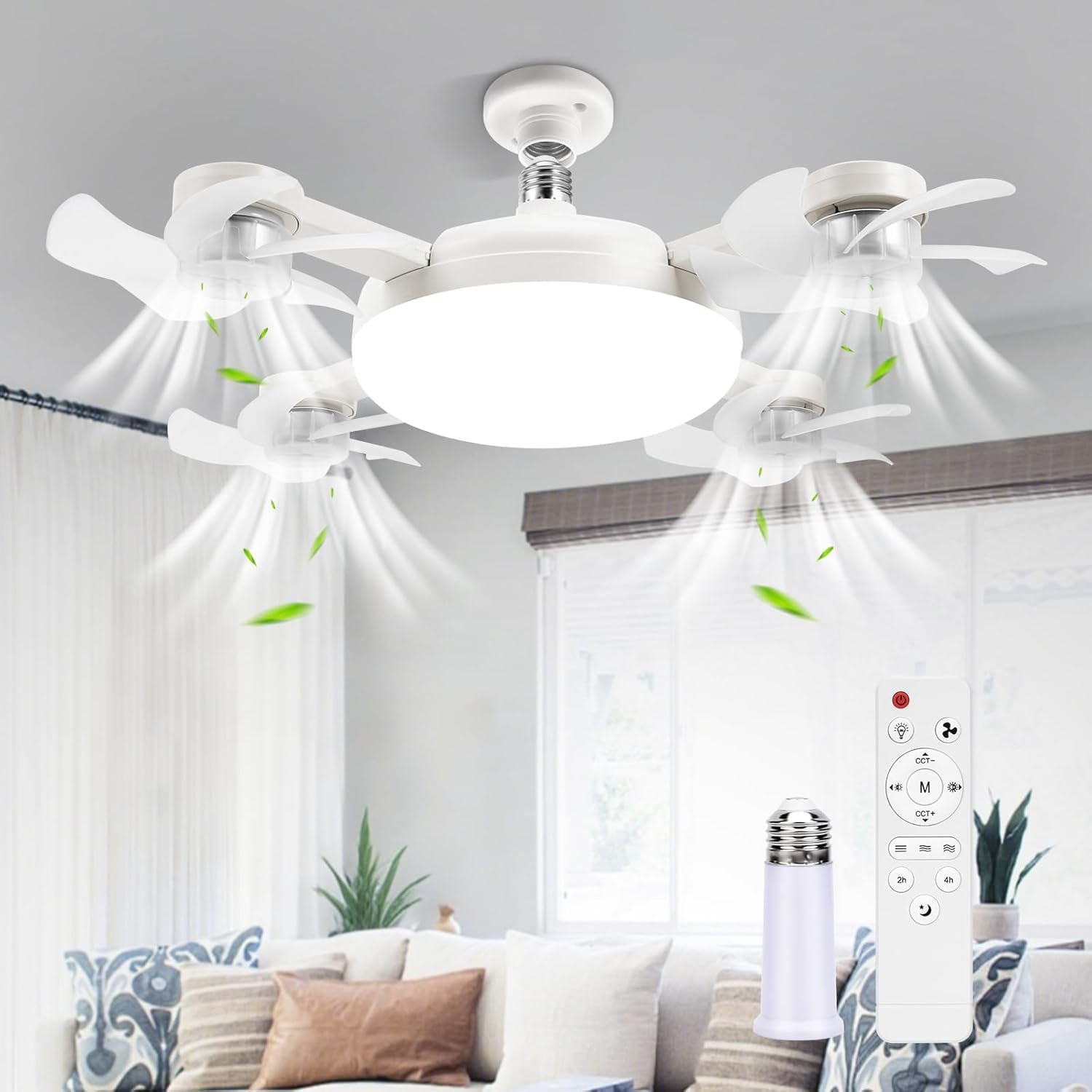 4 Head Ceiling Fans with Lights and Remote, Foldable E27 Ceiling Fan