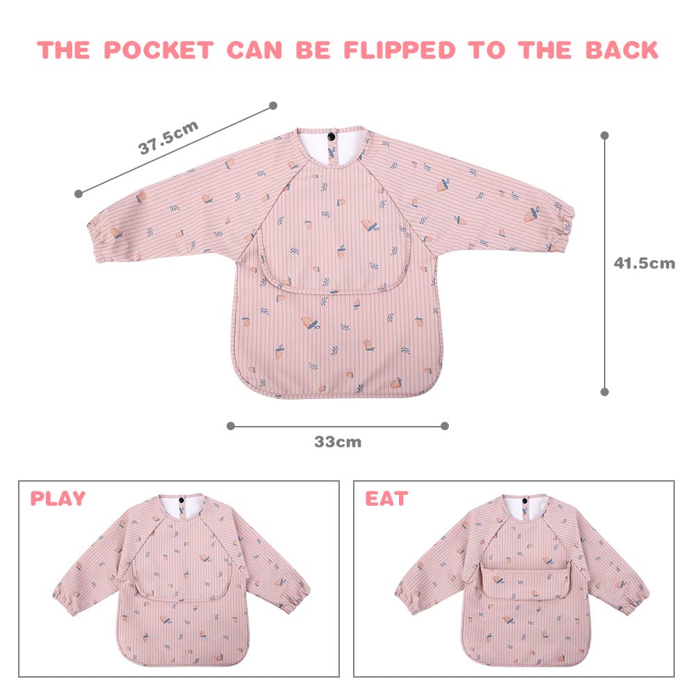 Vicloon Bavaglino a Manica Lunga, Bavaglini Pappa Svezzamento, Bavaglino Impermeabile con Tasca Frontale, Bavaglino in Tessuto PU Impermeabile, Drool Bavaglini per Bambini da 6 a 12 Mesi, Fragola Rosa