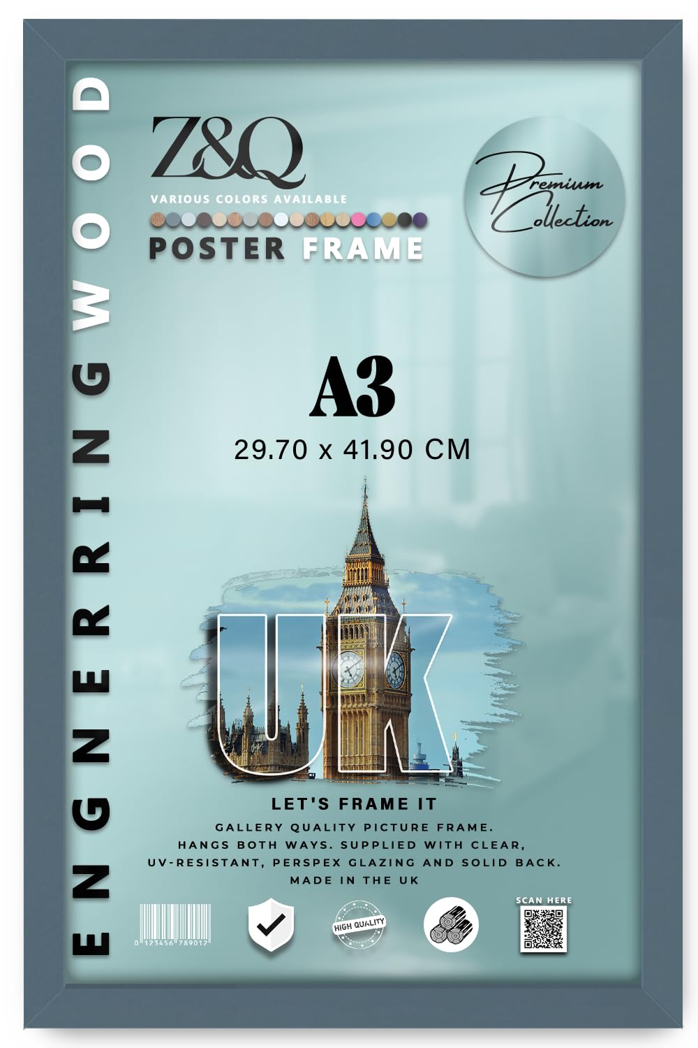 Z&Q - Rectangle Modern MDF Wood Finish A3 (29.70 x 41.90 CM) Poster Frame | Ideal Portrait/Landscape 16 x 11 Inch Display for Wall Gallery [ Dark Grey ]