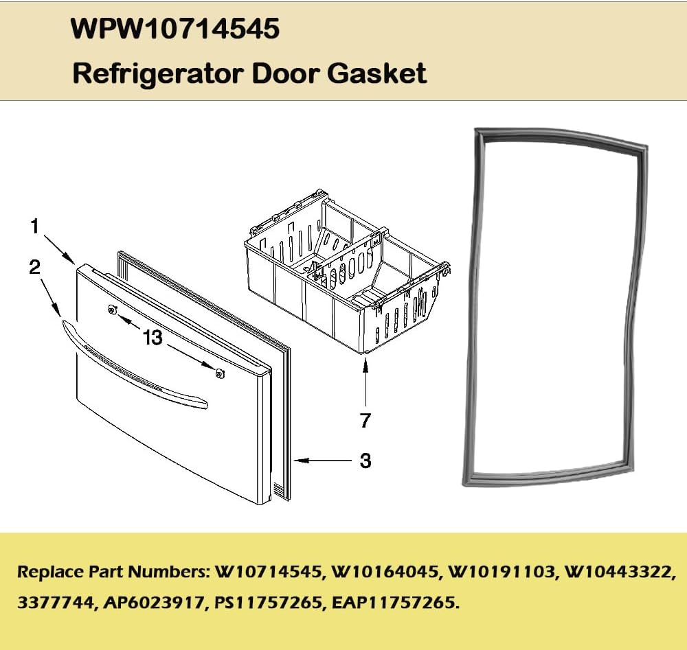 WPW10714545 Refrigerator Freezer Door Gasket Replacement, Compatible with Whirlpool, Maytag, Kitchen Aid, Amana, Kenmore, Dacor, Jenn Air, Ikea, replace part W10714545, W10164045, W10191103, W10443322