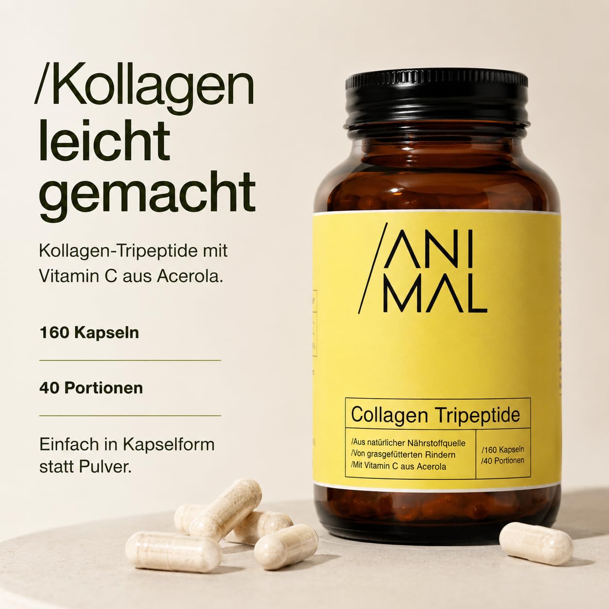 Kollagen Kapseln hochdosiert [160 Stk.] – Collagen Tripeptide nur 500 Dalton – Mit Vitamin C aus Acerola für eine normale Kollagenbildung – 2.000 mg Kollagen pro Tagesdosis – 40 Portionen