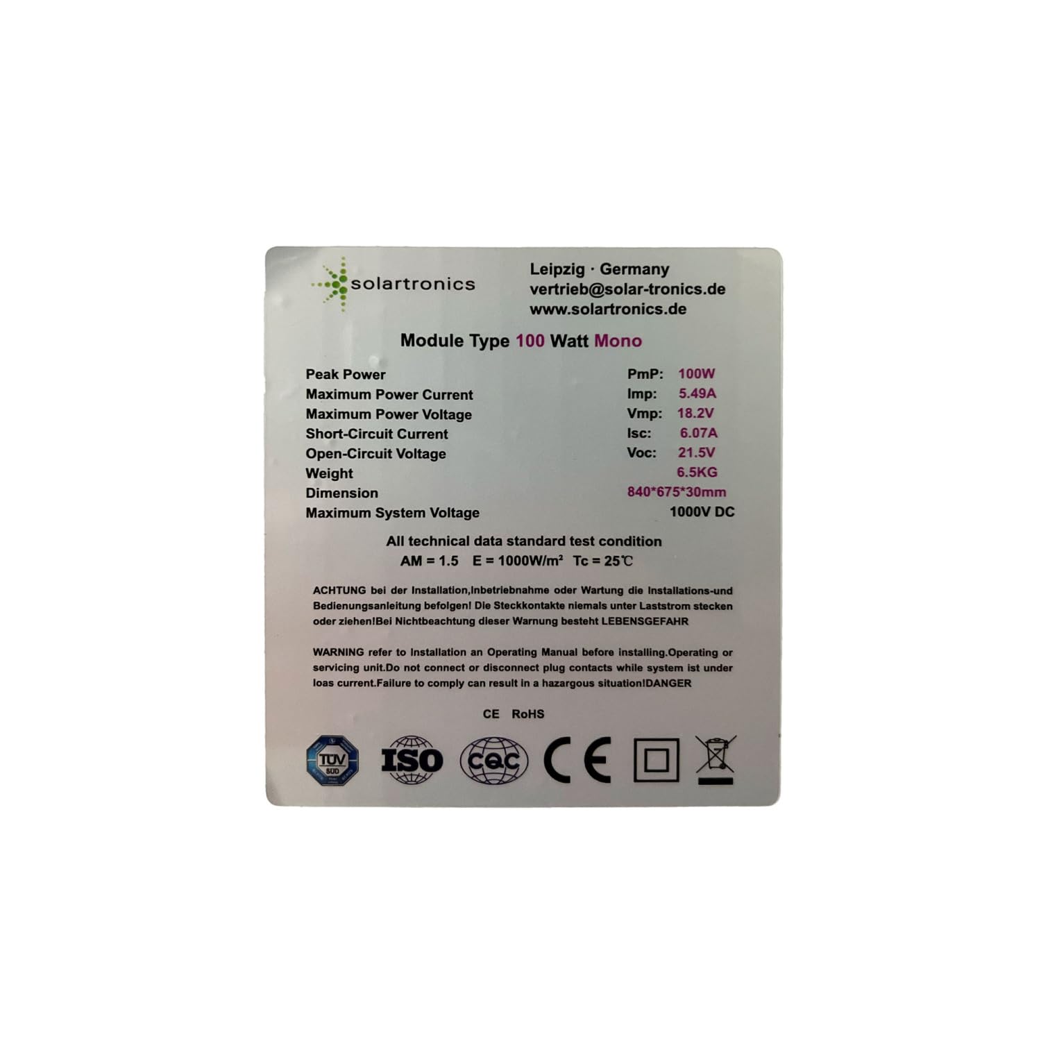 SOLARTRONICS Solarmodul 100 Watt Mono 18 V 20 Busbars Solarpanel Solarzelle Anzahl 2x Modul