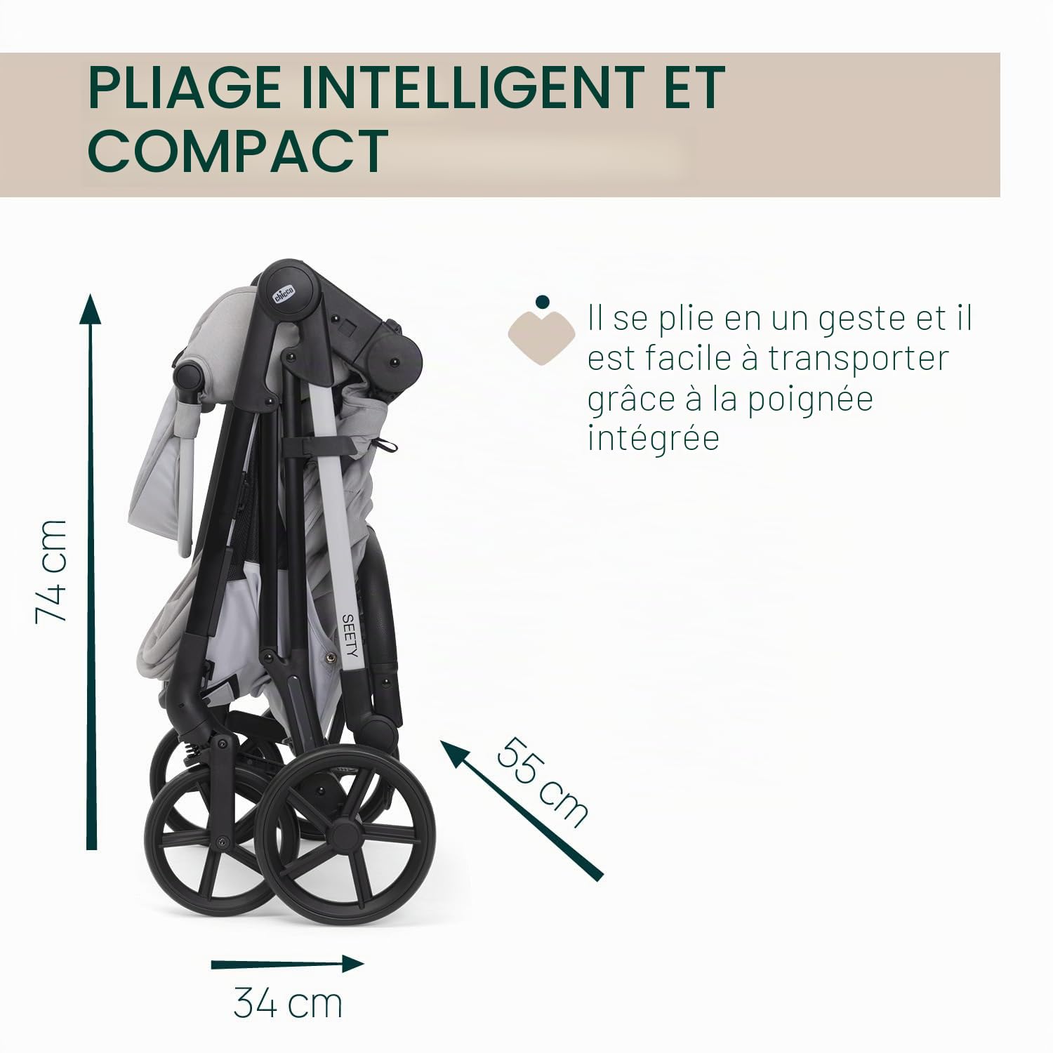 Chicco Poussette Seety, Poussette Légère et Compacte de 0 Mois à 4 Ans, Charge Max 22kg, Poussette Pliable, Dossier Réglable, Fermeture Automatique en 1 Geste, Capote Pare-soleil et Habillage Pluie