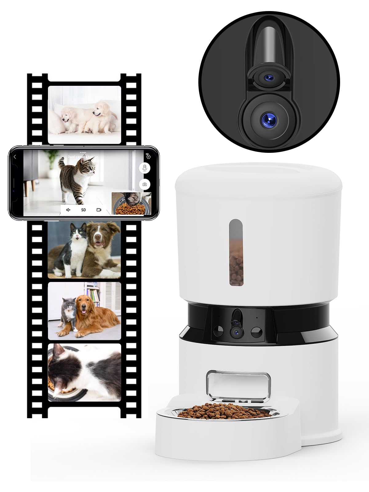 MIETUBL Automatic Cat Feeder with 2 Cameras 1080P HD with Night Vision Pet Food Dispenser Two-Way Voice and Audio Dog Smart WiFi Dog & Cat Feeder Programmable Schedule Slow Feeder Bowl White