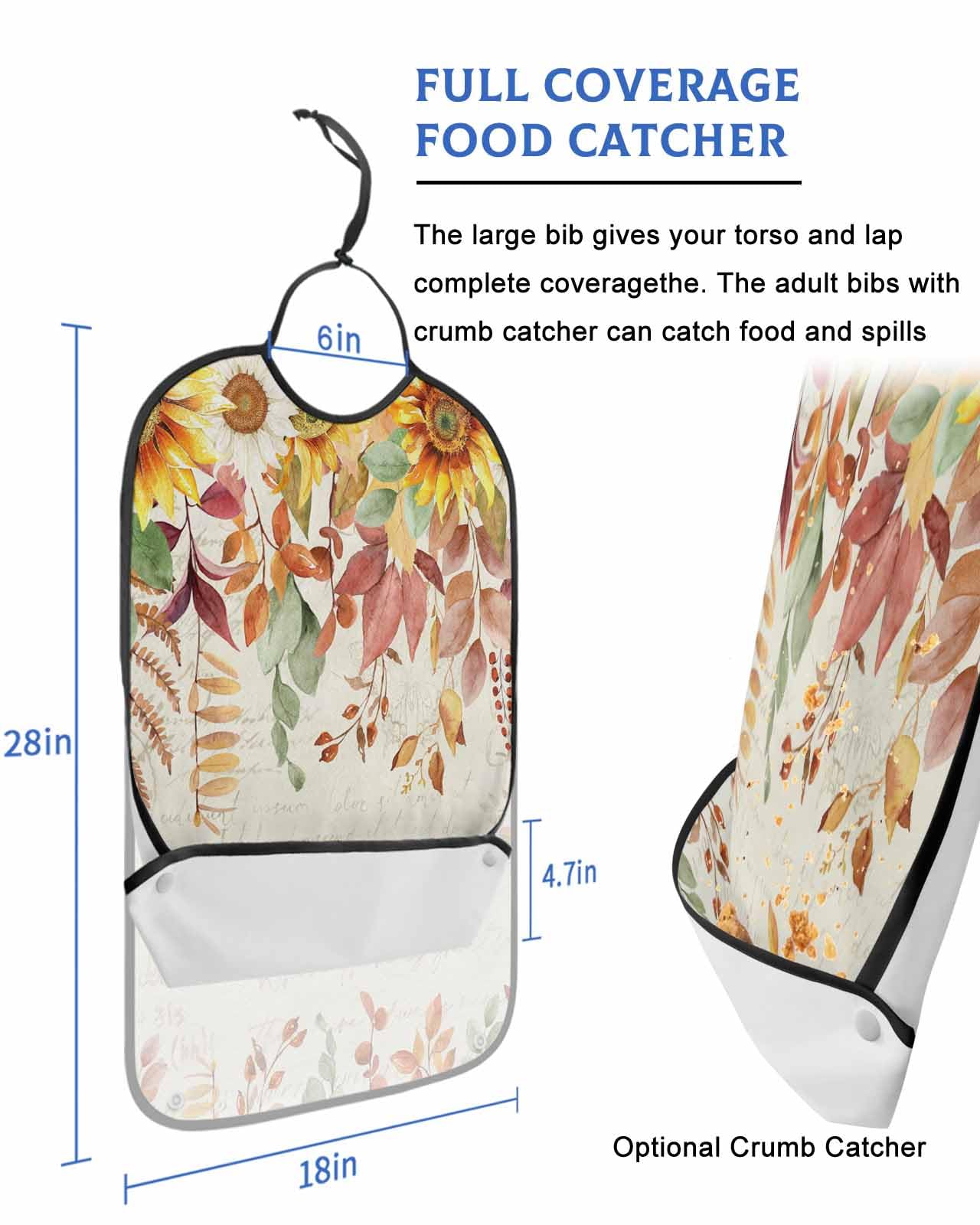 LEOKOTI Fall Botanical Adult Bibs for Eating, Waterproof Bibs with Food Catcher & Adjustable Snap Closure, Sunflowers Maple Leaf Watercolor Rustic Washable Clothing Protectors Adult Bibs for Elderly