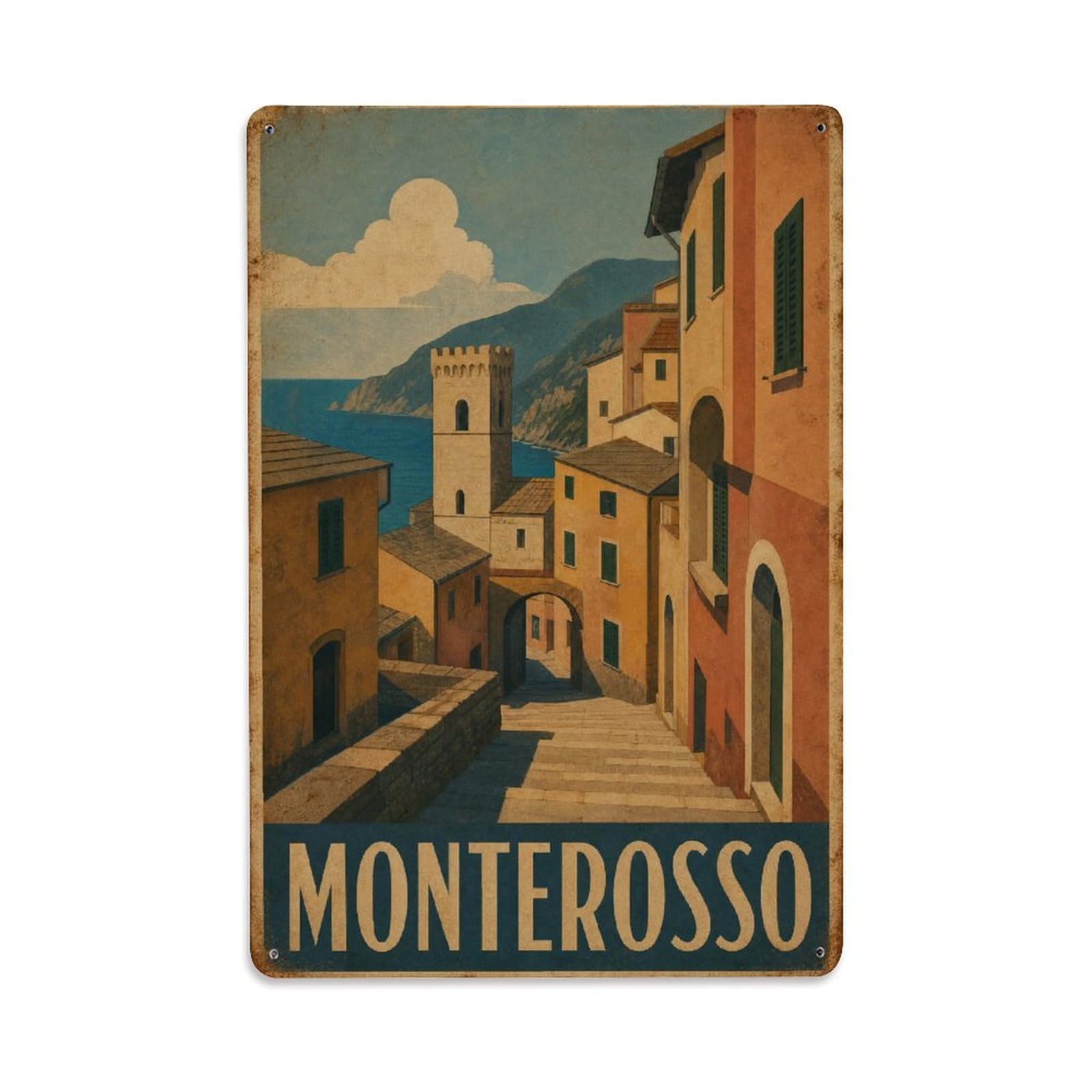 Huiyhb 8X12inch(20X30cm) Vintage Travel Monterosso Old Town Medieval Quarter Italy Metal Tin Sign