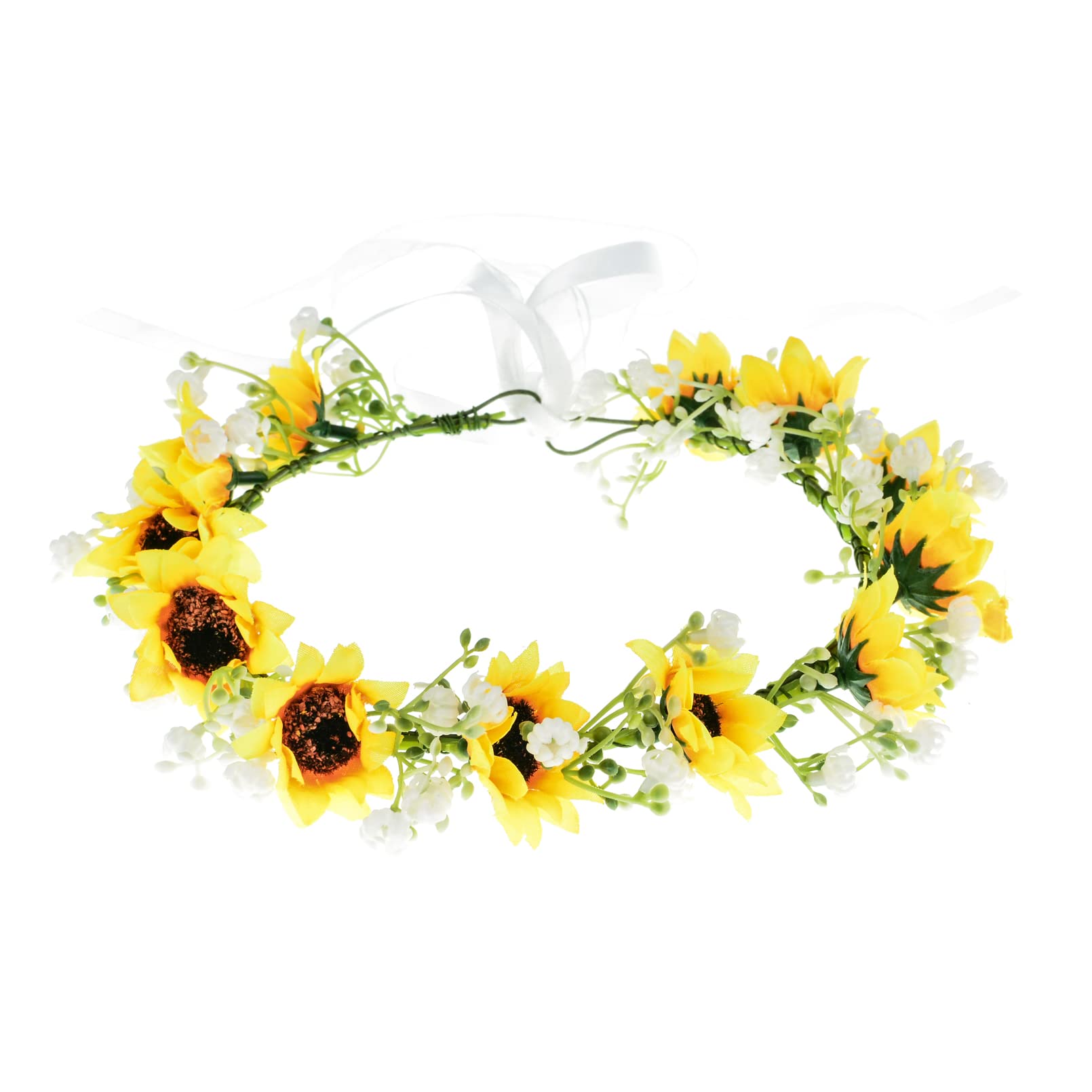 DDazzling Women Girls Green Leaf Flower Crown Bohemian Headpiece Floral Headband Photo Prop (Yellow Sunflower)