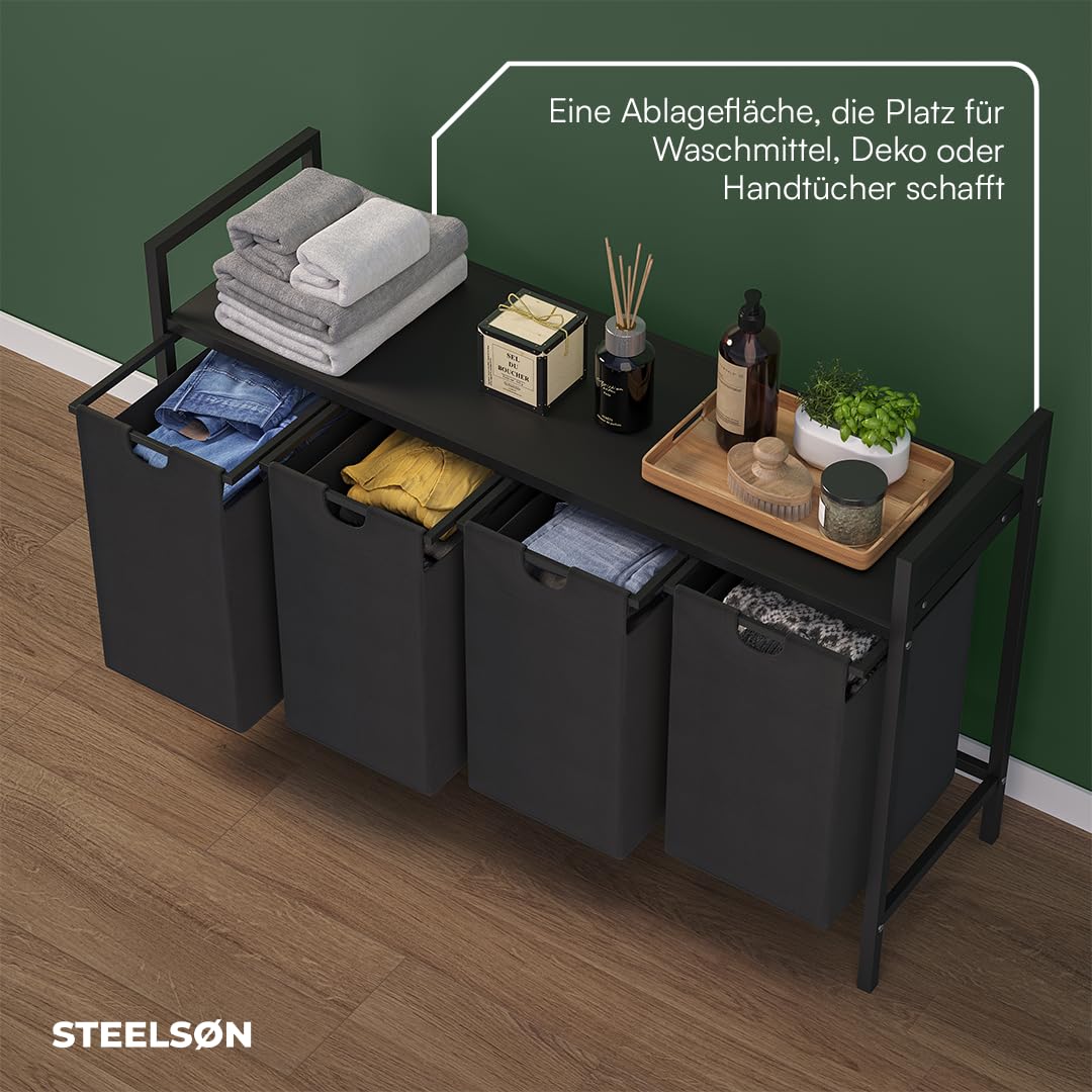 STEELSØN Rigil Wäschesammler 4 Fächer – Wäschekorb mit 1 Ablage – 4x 40 L Wäscheboxen in schwarz – Metall Wäschesortierer – ausziehbare & herausnehmbare Wäschesäcke – Schmutzwäschebehälter