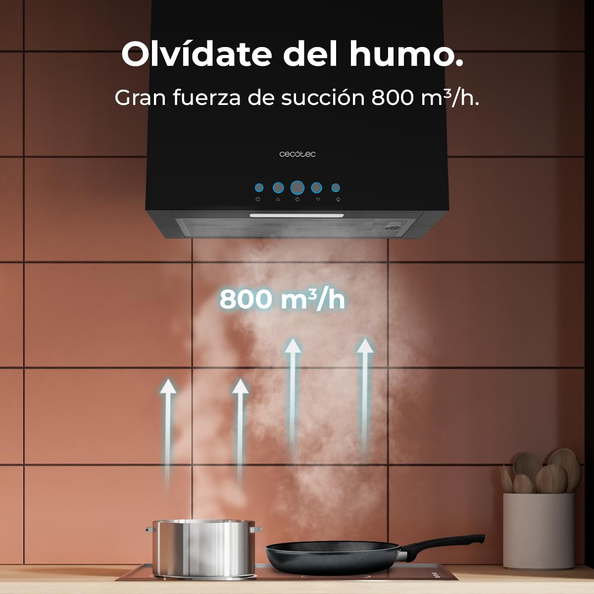 Cecotec Cappa Aspirante a Isola 38 cm - Cappa Cucina. Bolero Flux ICT 388000 Black A++ 210W, Cappa 38cm Acciaio inox nero, Flusso d'Aria 800m3/h, A++, Touch, LED, Carbonio Ø176, alluminio 5 strati