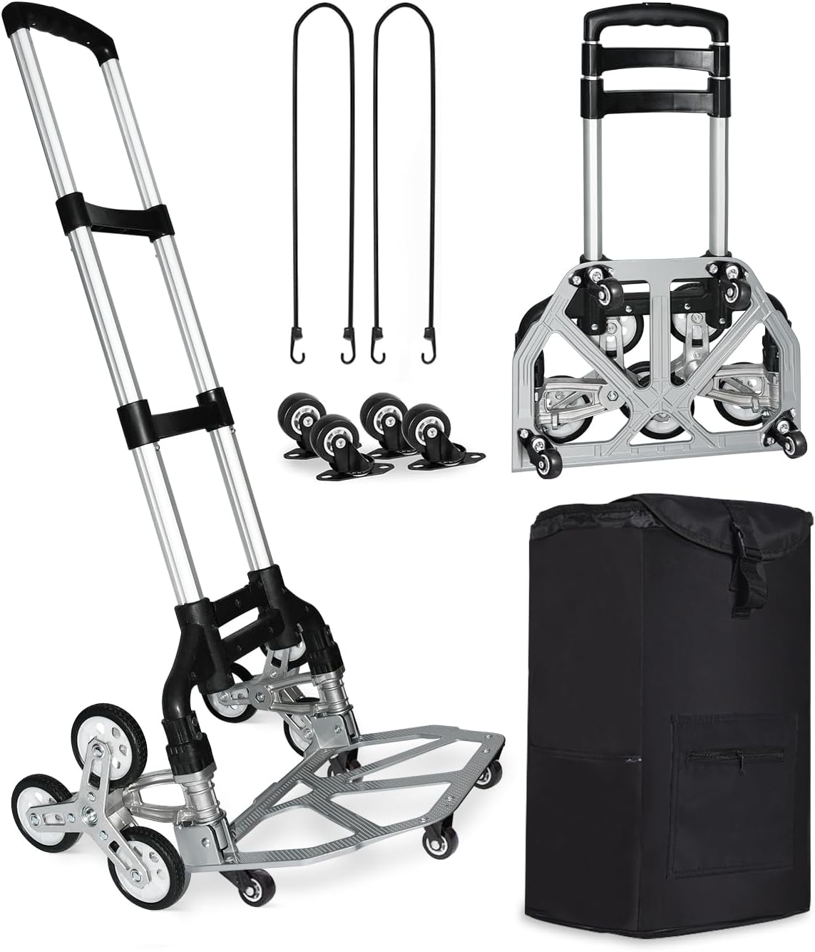 Stair Climber Foldable Stair Trolley with Waterproof Bag Adjustable Handle Transport Trolley Aluminium up to 125 kg, Upgrade Foldable Stair Trolley with 360° Universal Four Small Wheels