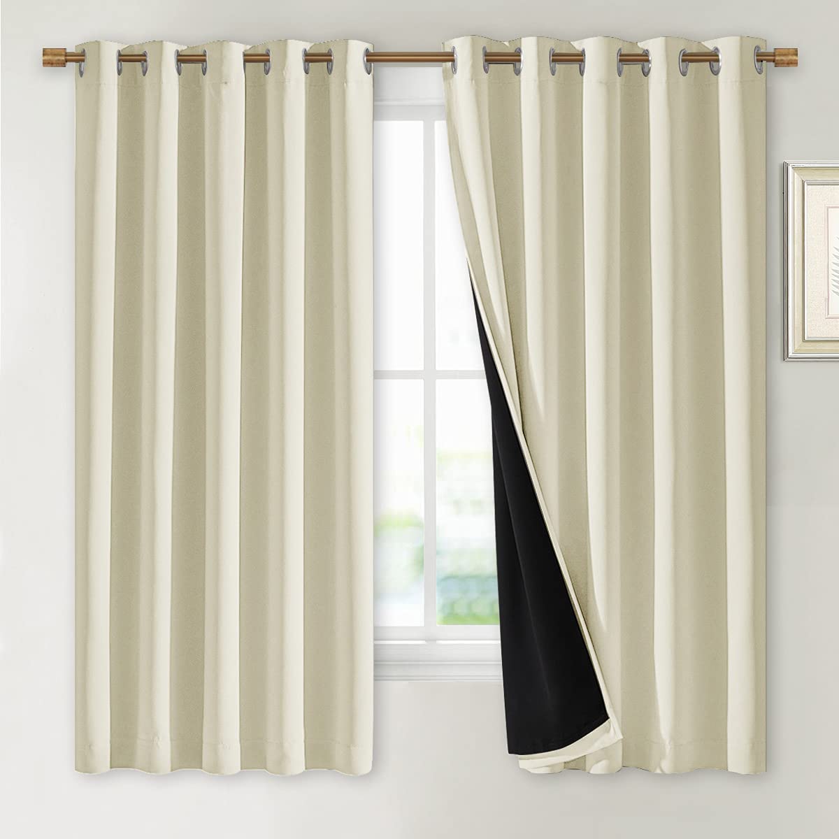 NICETOWN Living Room Completely Shaded Draperies, Privacy Protection &amp; Noise Reducing Ring Top Drapes, Black Lined Insulated Window Treatment Curtain Panels (Beige, 2 Pieces, W70 x L63)