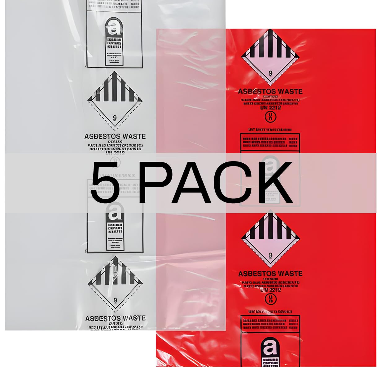 Sacchetti per rifiuti di amianto resistenti, 120 x 90 cm, contrassegnati UN2212/UN2590, capacità 30 kg, confezione da 5, resistenti agli strappi, colore: rosso e trasparente (5)