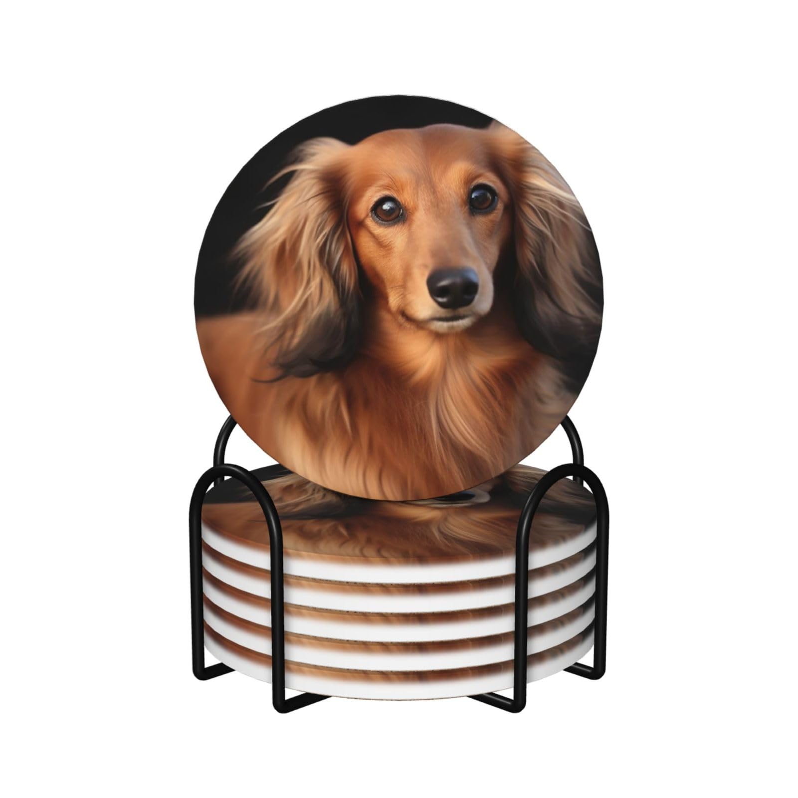 Sdtykhj Round Shape 6Pcs Drink Coasters With Holder Absorbent Coffee Cup Mat Decorative Bar Coaster With Cork Back Coasters For Drinks Long Haired Dachshund Ceramic Table Coaster Set For Home Decor Gift