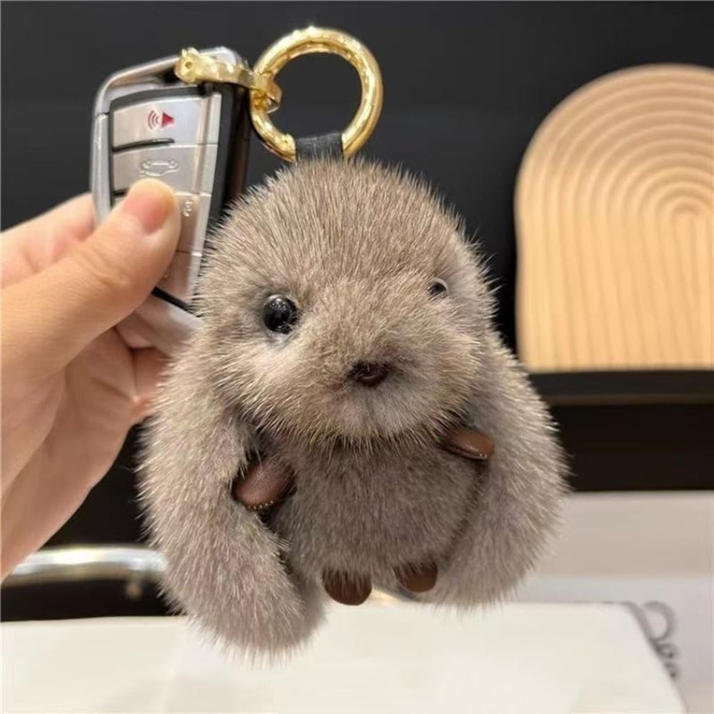 Cute Plush White Rabbit Design Gold Ring Keychain for Women Car Key Bag Purse Decorative Keyring Accessory