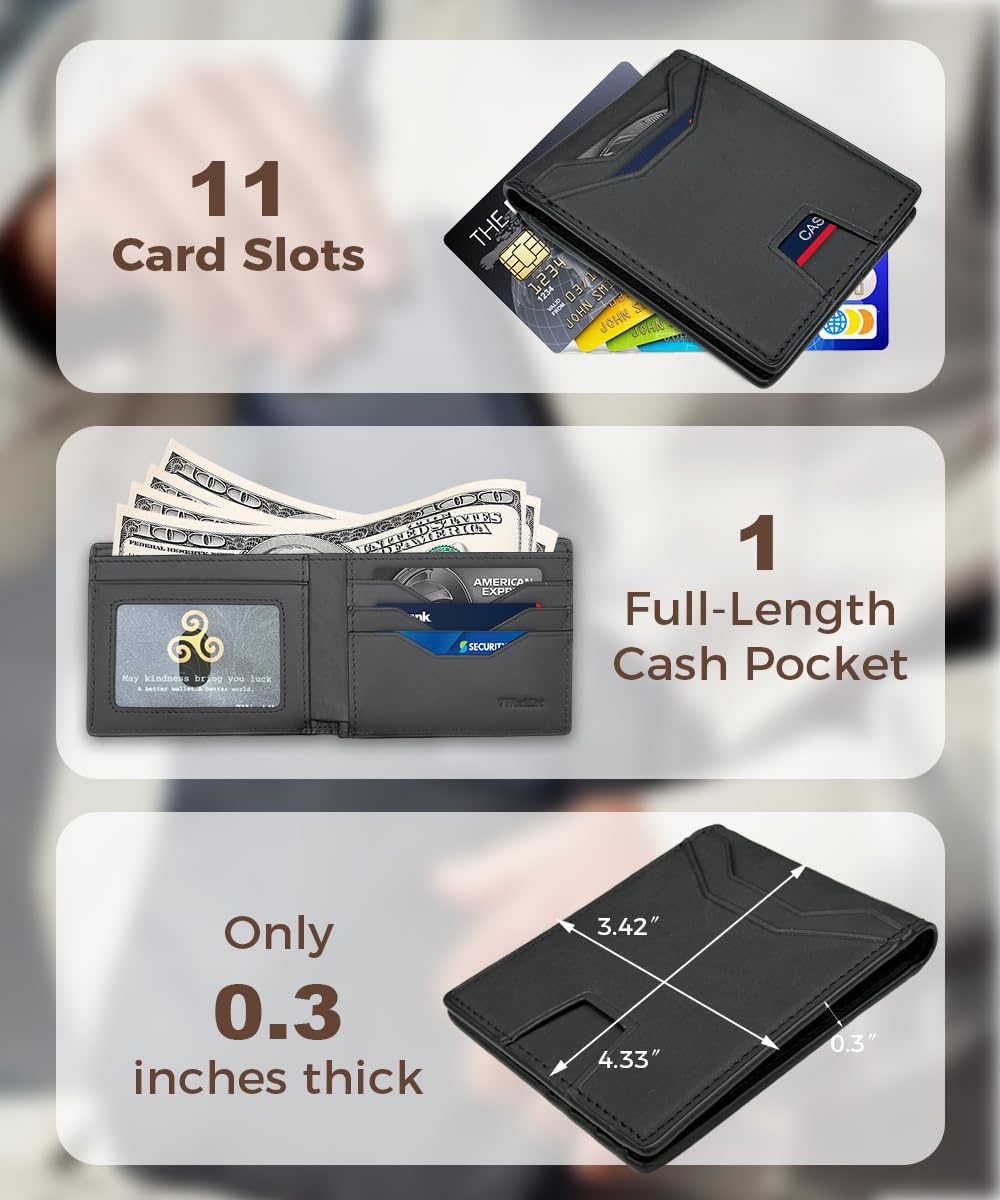 Slim RFID Blocking Wallets for Men Synthra™ Ultra Leather Bifold Minimalist Wallet 11 Cord Holder Thin Mens Wallet with Gift Box (Black+Black) - Image 5
