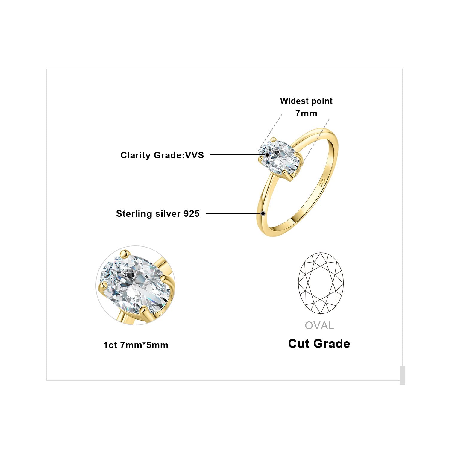 JewelryPalace Klasyczny 1ct 2ct owalny cyrkonia Solitaire Pierścionek zaręczynowy Damski pierścionek zaręczynowy Srebro 925 Obrączki Różowe złoto Złoto