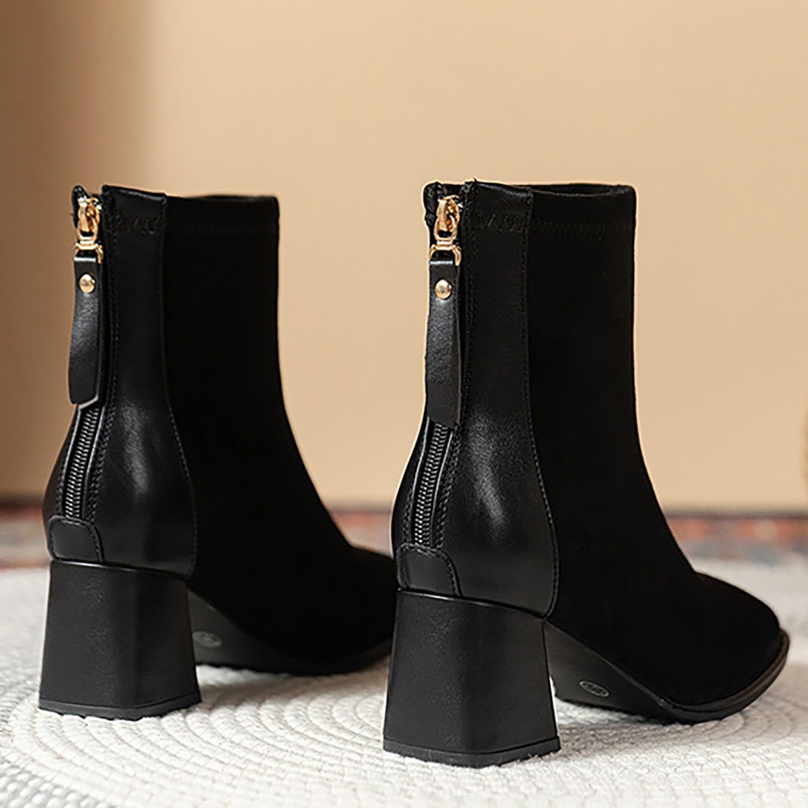 Cocila Botas De Terciopelo Con Punta Puntiaguda Y Tacón Grueso Para Mujer Cremallera Trasera Botines Altos Estilo Moteras Agua Media Caña Piel Marrones Tacon Fino Bajo Barefoot Altas Boots