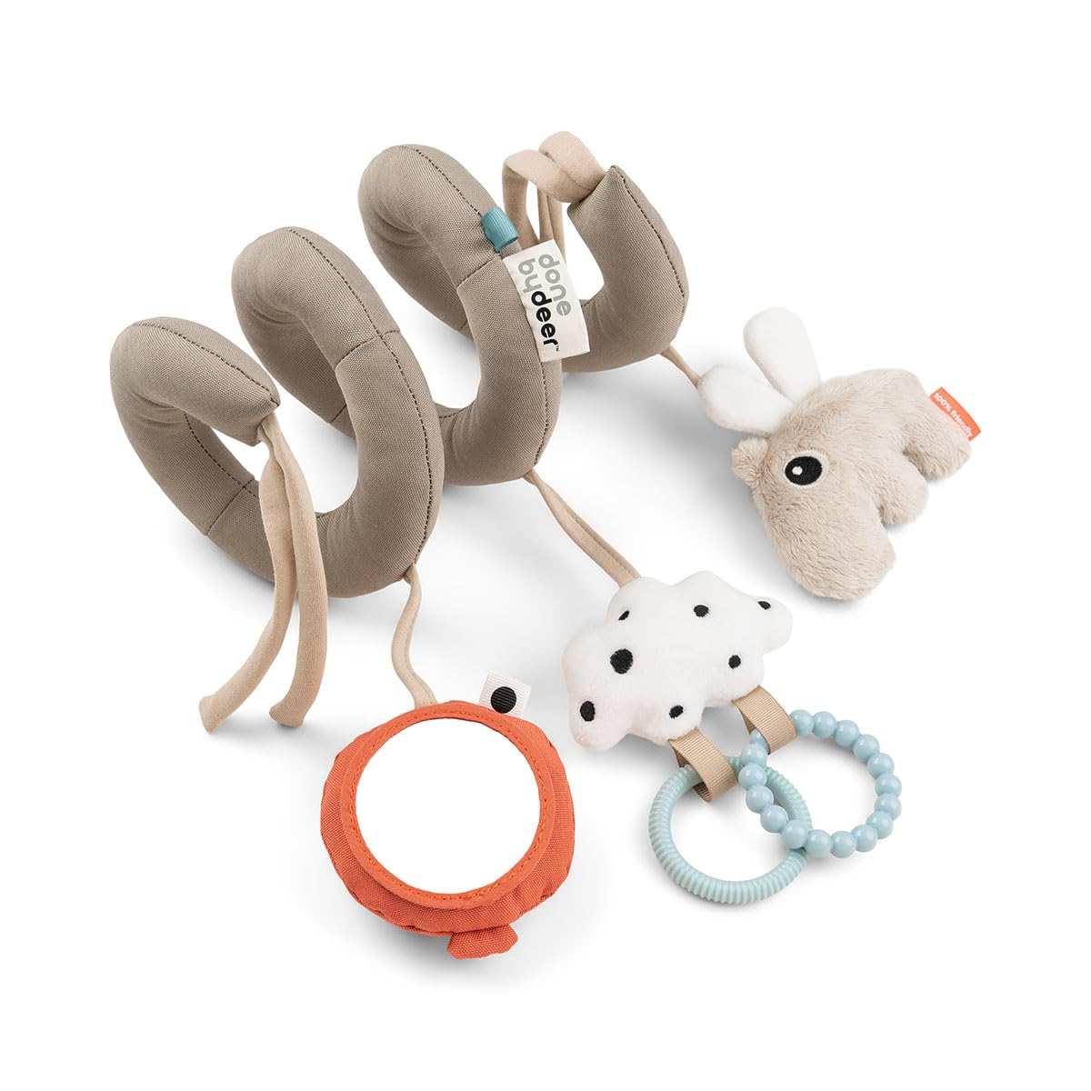 Done by Deer Baby Sensory Activity Spiral Happy Clouds, Sand - Soft Baby Toy with Crinkle Sound, Mirror, Teathers and Tactile Elements for Easy Mount on Cots, Car Seats, Strollers and Prams