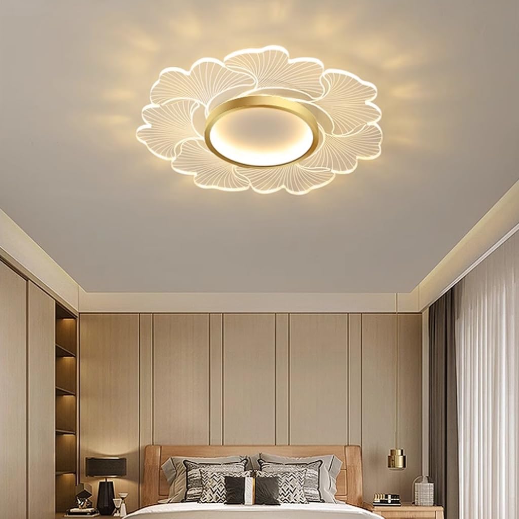 Wohnzimmerlampe LED Deckenleuchte Moderne Dimmbare Deckenlampe Mit Fernbedienung 3000K-6000K Florales Design Dekorative Acryl Schirm Kronleuchter Schlafzimmer Kinderzimmer Beleuchtung(Gold,52cm(28w))