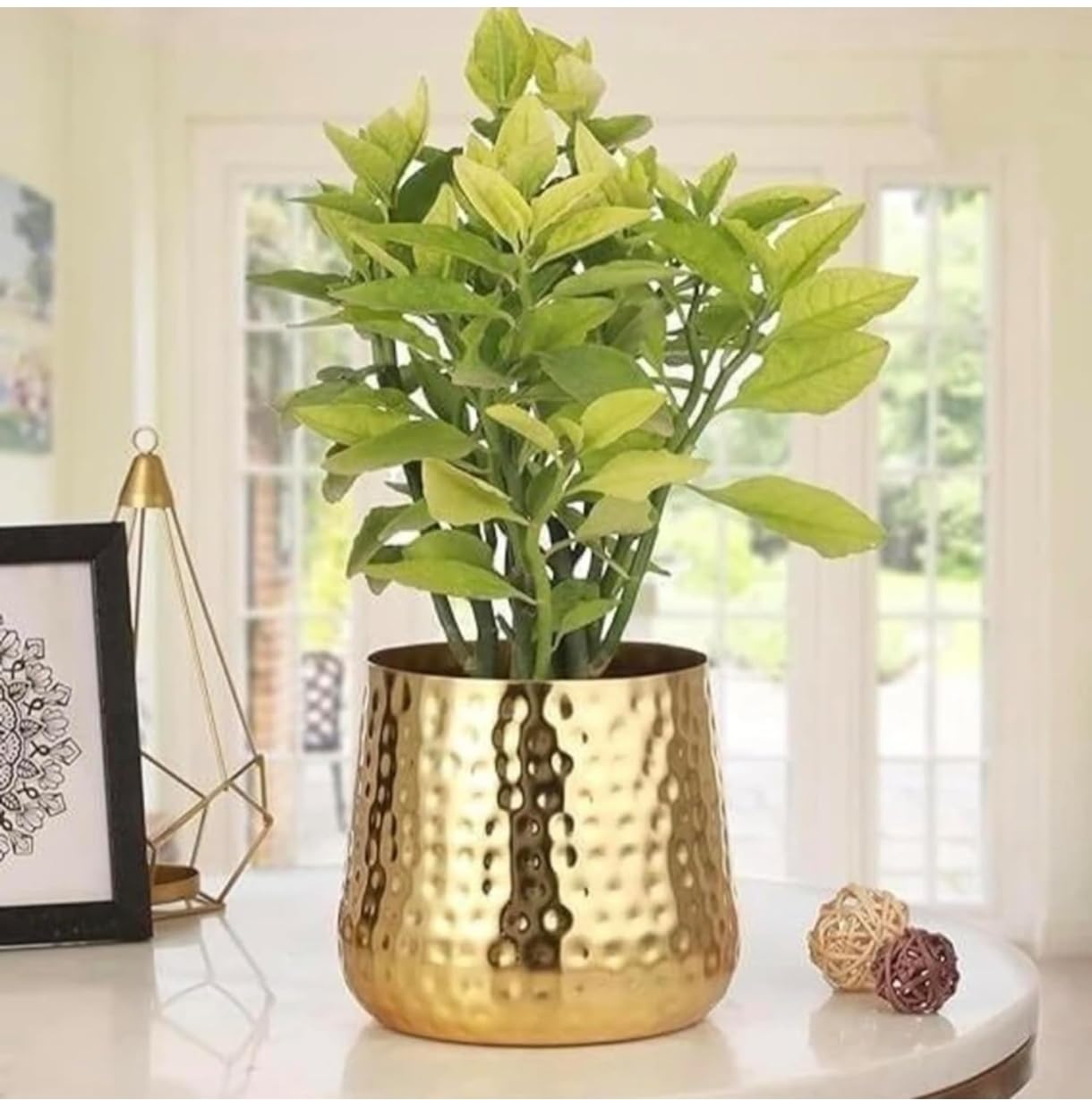 Hammered Metal Planter with Brass Finish, Decorative Indoor Plant Pot,Metal Pot for Living Room, Decorative Plants Flower Pot with Artificial Hydrangea Plant | Indoor Office &Table Centerpiece-image-19