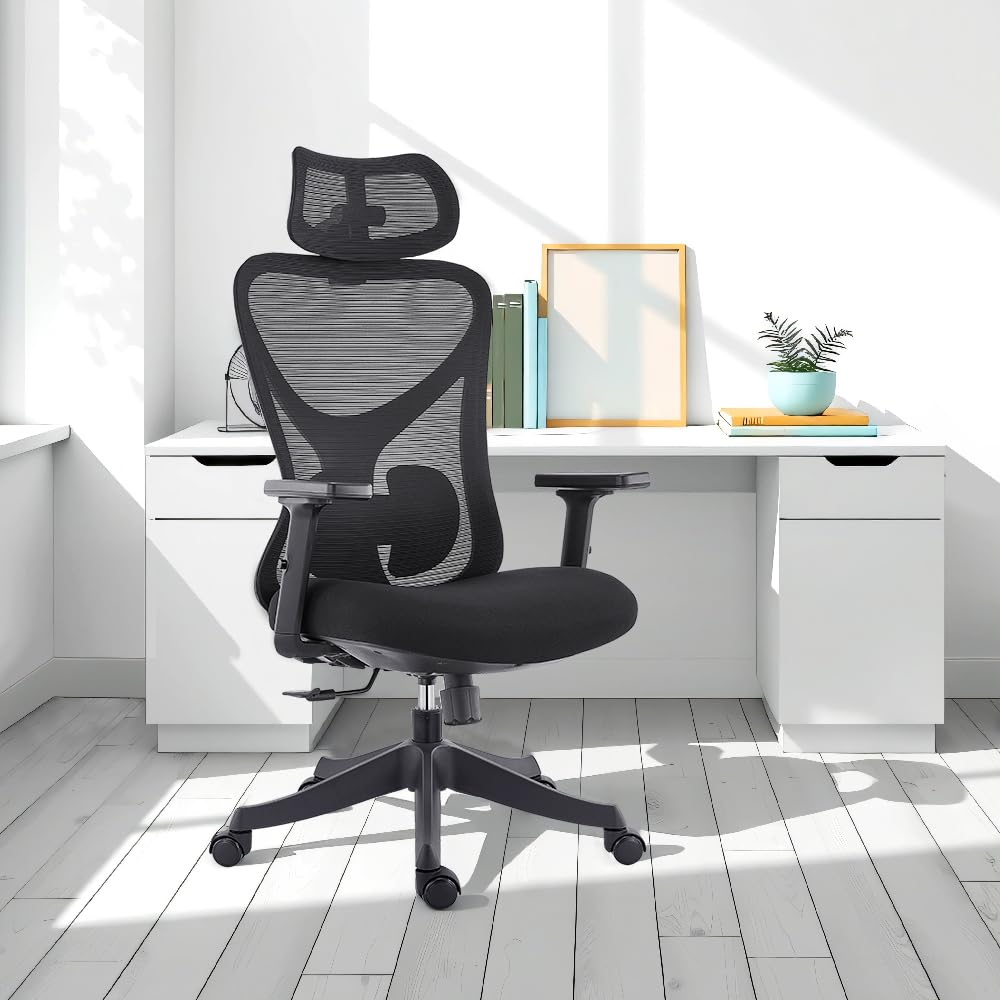 CALIYO G-1635H Bürostuhl Ergonomisch, Schreibtischstuhl mit Verstellbarer Kopfstütze, Armlehnen, Lendenstütze und Wippfunktion – Atmungsaktiver Mesh-Drehstuhl, Gamingstuhl, Bürostuhl 150 kg, Schwarz