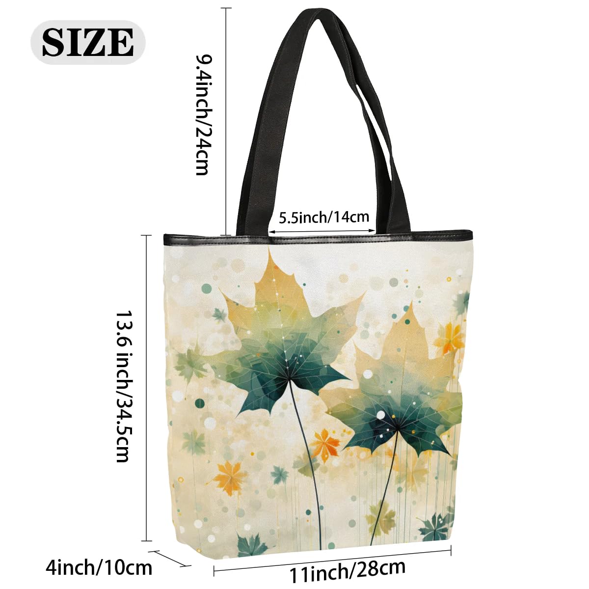 Mularoka Vintage Watercolour Leaves Canvas Tote Bag with Zipper and Pockets Canvas Tote Shopping Bag Women Reusable Grocery Bag for Beach Travel Gym Shopping
