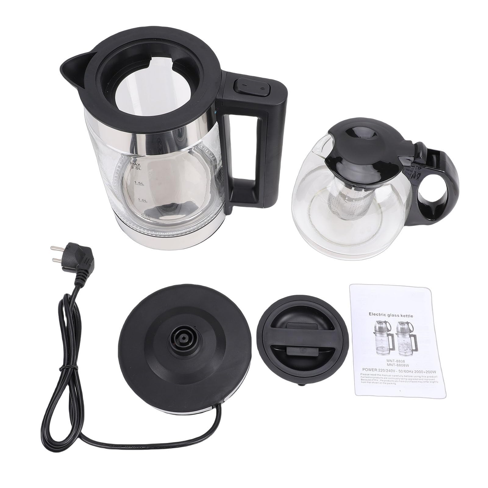 Zerodis Elektrischer Türkischer Teebereiter, 2000 W, Teekessel aus Borosilikatglas mit Edelstahl-Ei und Wärmefunktion für Schwarzen Tee und Kräutertee (EU-Stecker)