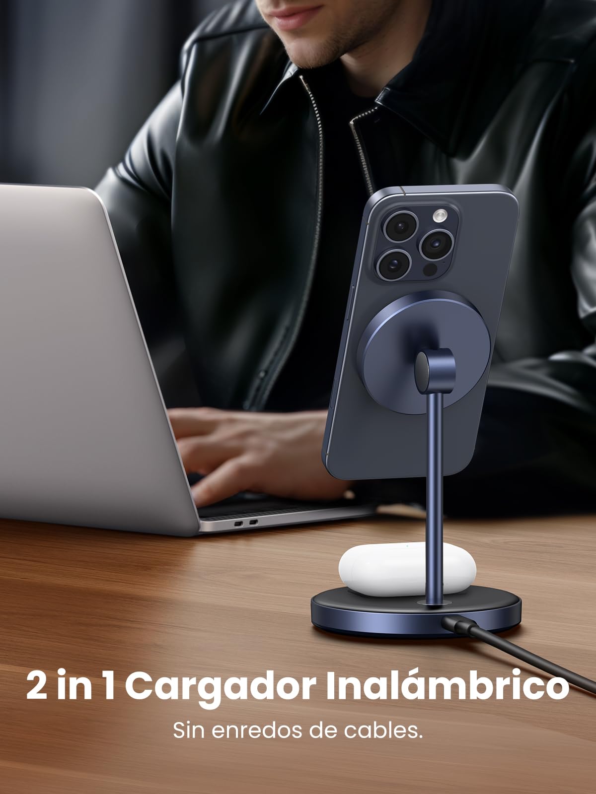 UGREEN MagFlow Cargador Inalámbrico 2 en 1, Estación de Carga Magnética para Airpods, Soporte para Móvil Compatible coniPhone 17 Pro MAX Air/16/15/14/13/12 Series, AirPods Pro 2/3