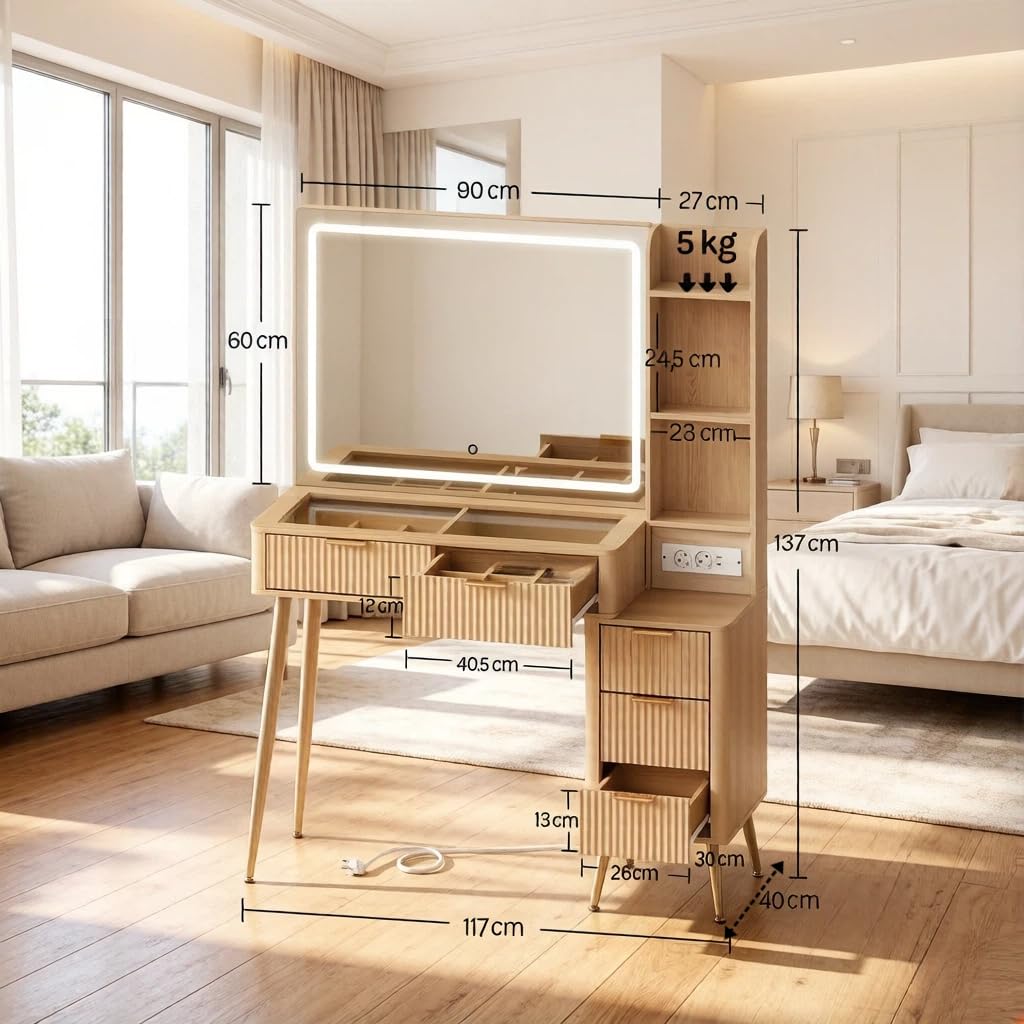 Tavolo da toeletta con specchio, presa, 2 cassetti, piano in vetro