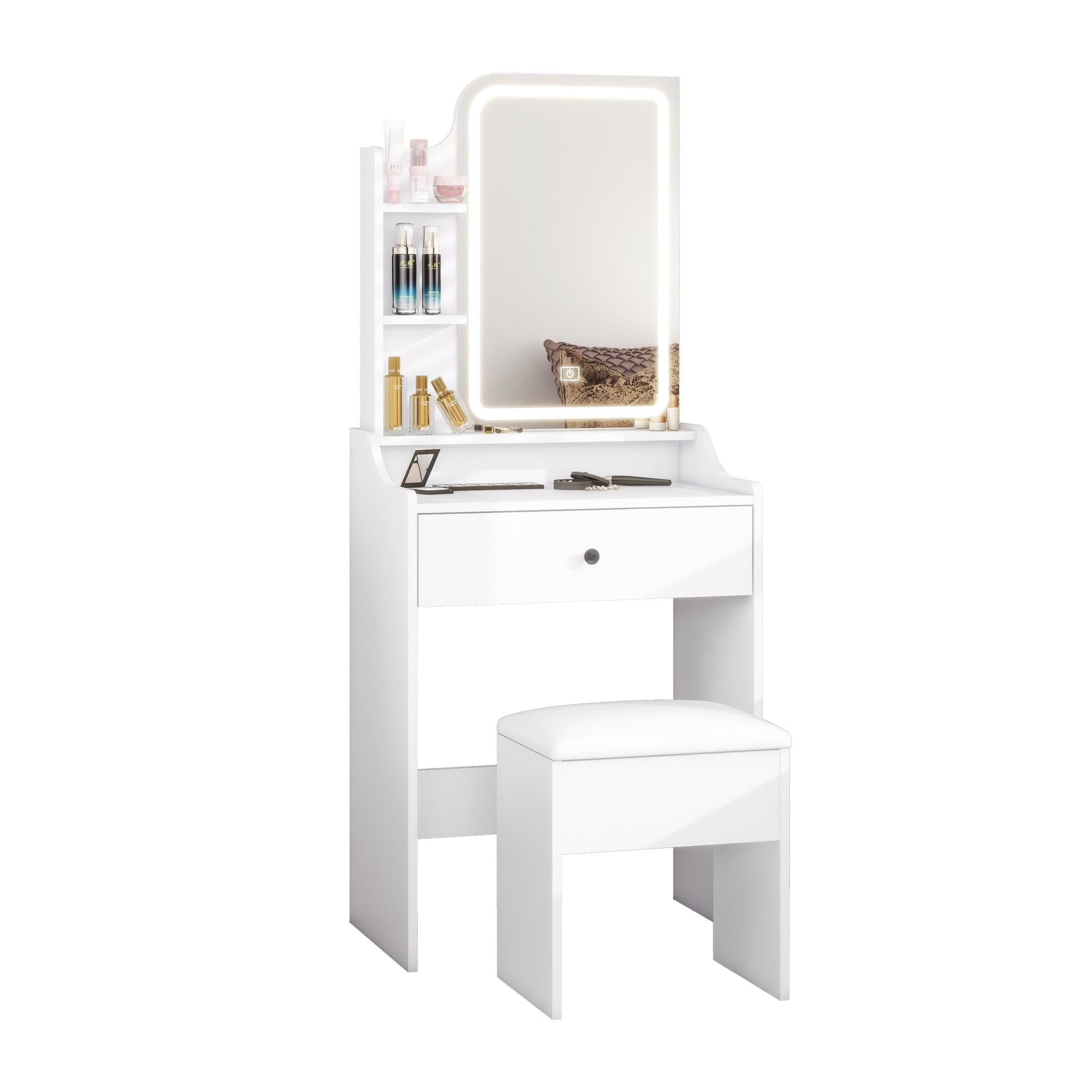 Panana Dressing Table with LED Lights, Vanity Desk with 3-Color Mirror and 1 Big Drawers, Makeup Desk with Cushioned Storage Stool for Bedroom Dressing Room (White)